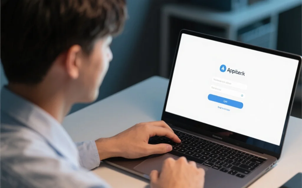 一位年轻的技术支持人员正在用笔记本电脑协助用户远程解决登录障碍，屏幕显示应用登录界面，气氛友好专业