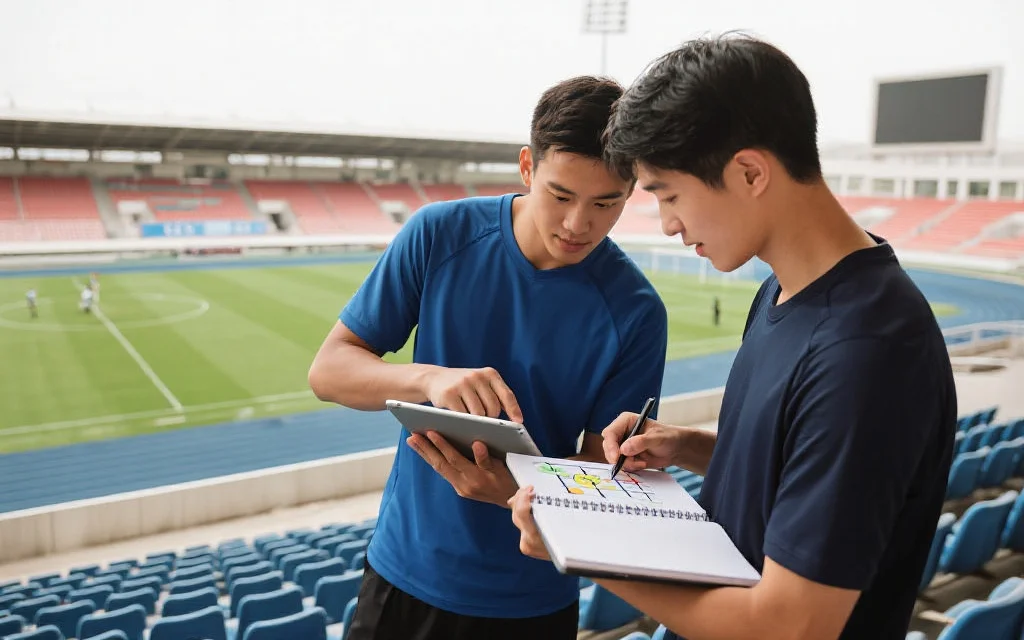 两名体育爱好者正在用平板电脑和笔记本分析一场足球比赛的战术布阵,背景为运动场看台